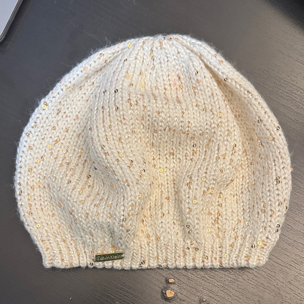 Calvin Klein White Sequin Beanie